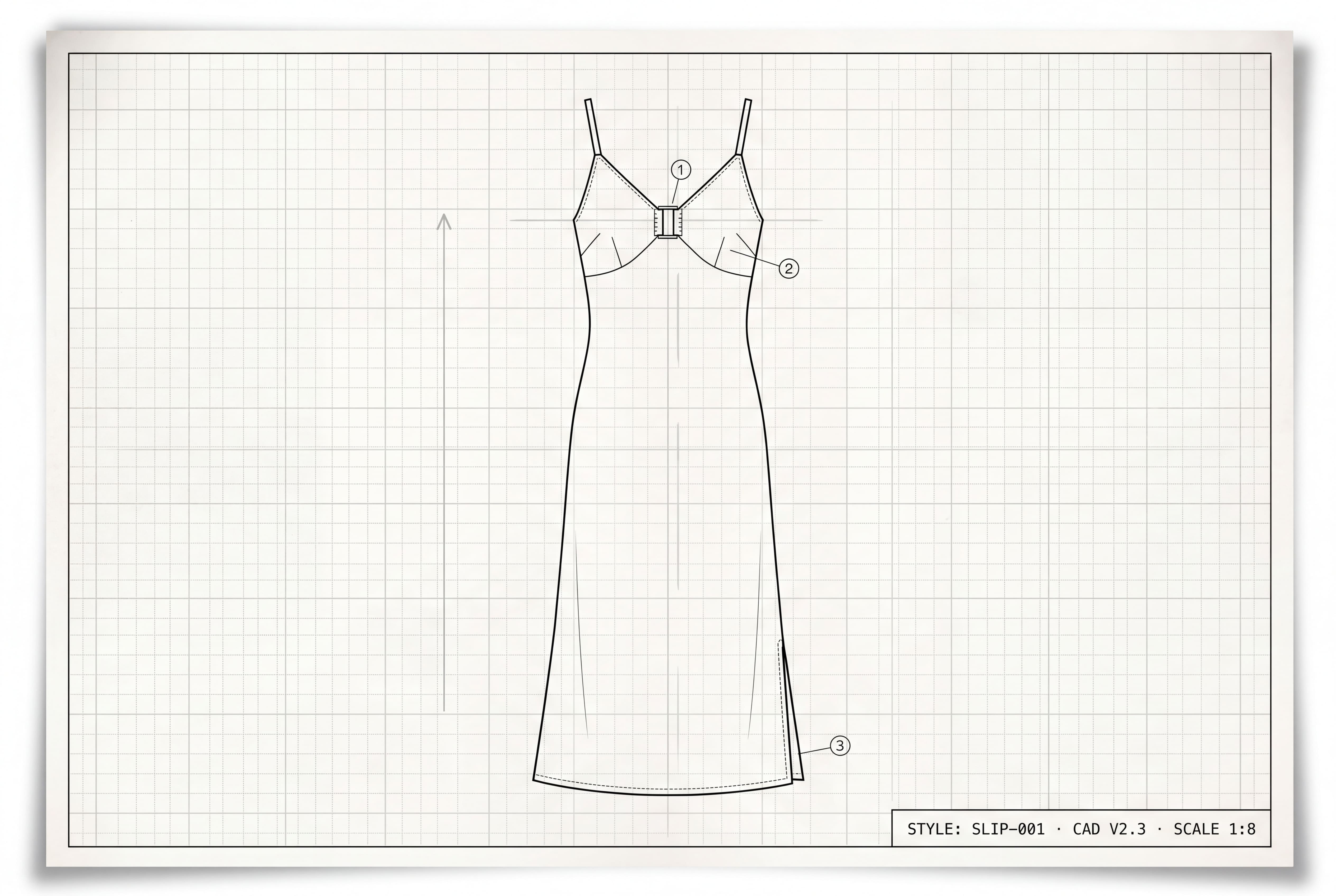 Technical CAD line drawing of slip dress