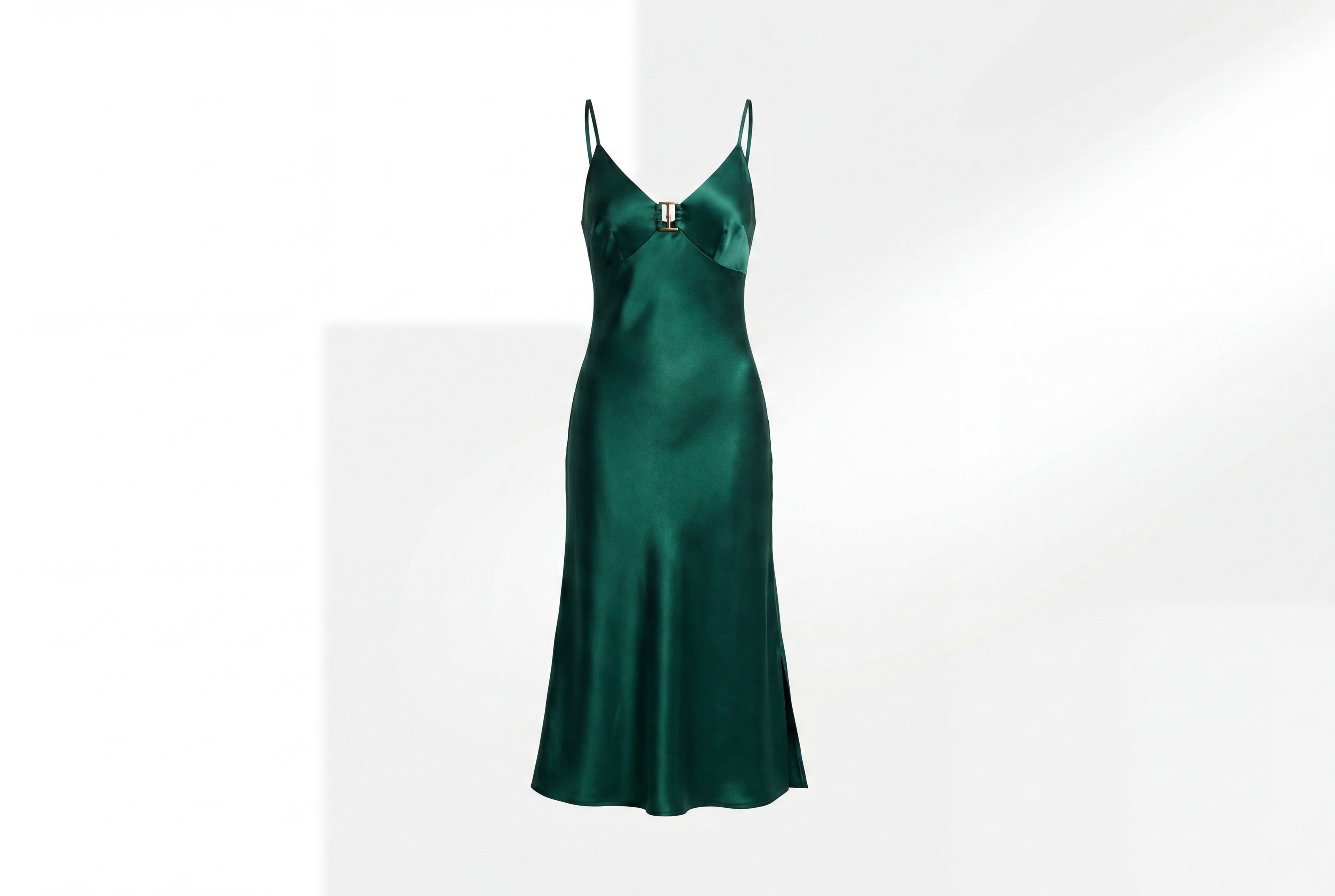 Emerald silk slip dress product shot